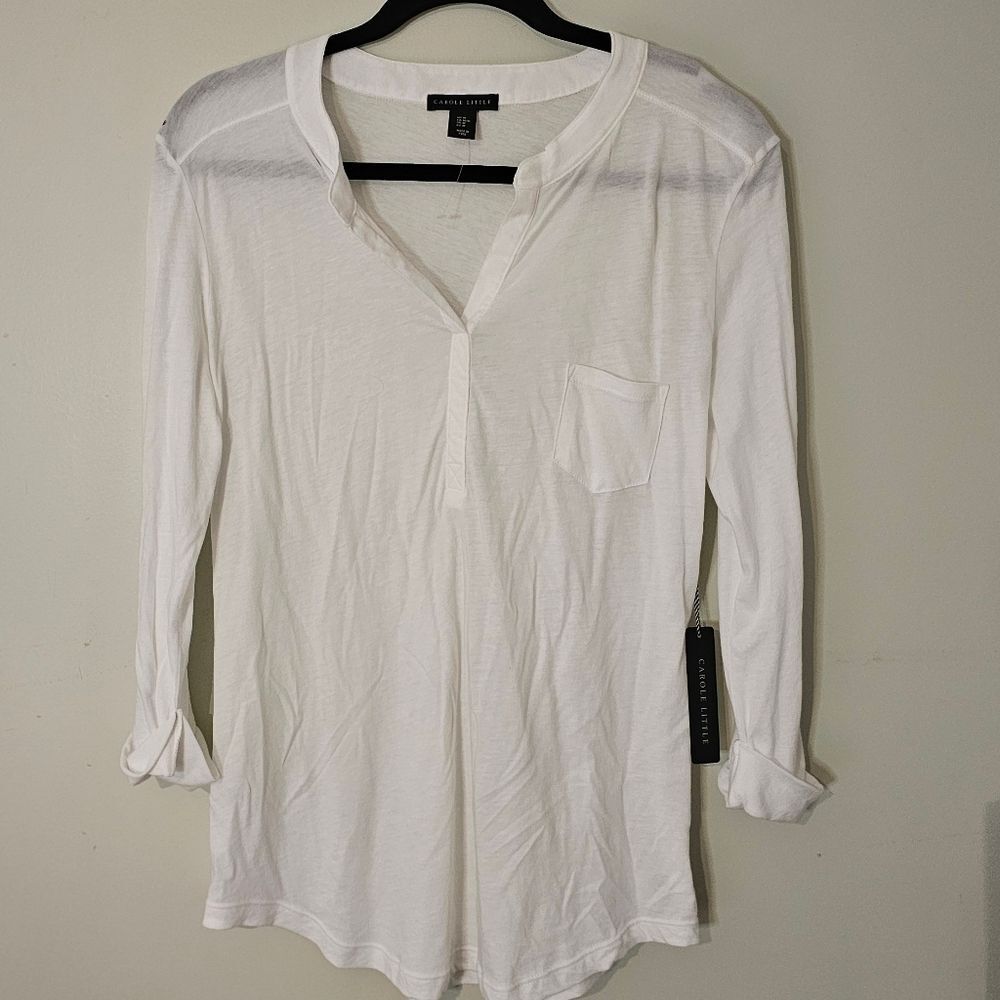 NWT Carole Little Split-Neck Cotton-Blend Top Size M